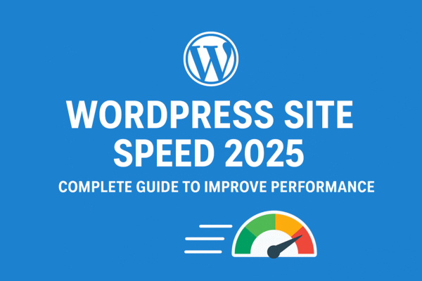 WordPress site speed optimization 2025 illustration with speed gauge