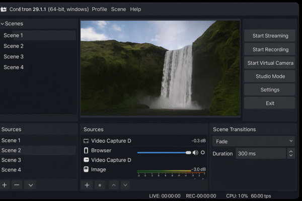 OBS Studio interface showing multiple configured scenes, sources, audio mixer, and live streaming controls.