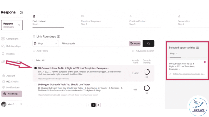 Respona built-in search interface showing outreach prospects
