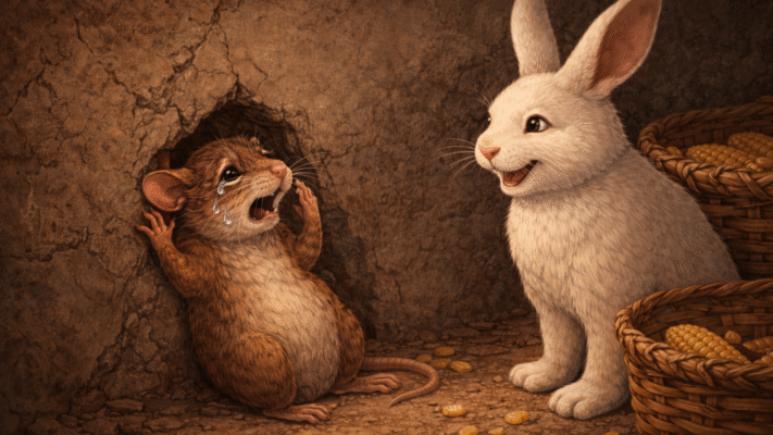 mouse explaining his problem to a white rabbit near the basket of cor