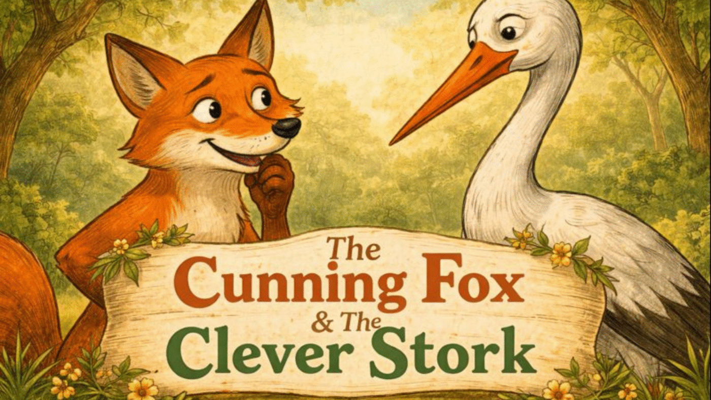 Cunning fox and clever stork facing each other in a forest story illustration