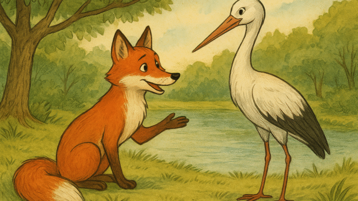 Cunning fox praising the graceful stork beside a forest pond