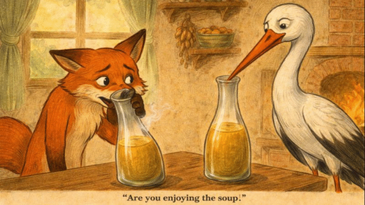 Embarrassed fox failing to drink soup from a long narrow jar