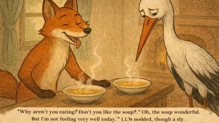 Fox enjoying soup while the stork struggles to drink from a shallow bowl