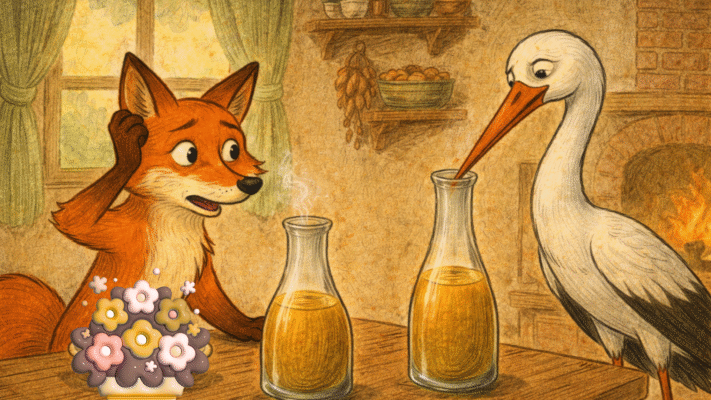 the stork serves soup in tall narrow jars at her home