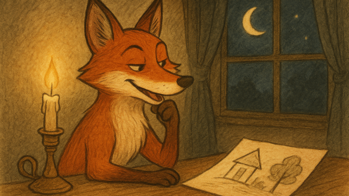 Fox smiling slyly while secretly planning a trick for the stork at night