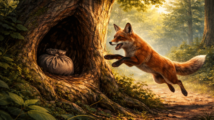 Fox_Finds_Hollow_Tree_At_Forest_Edge