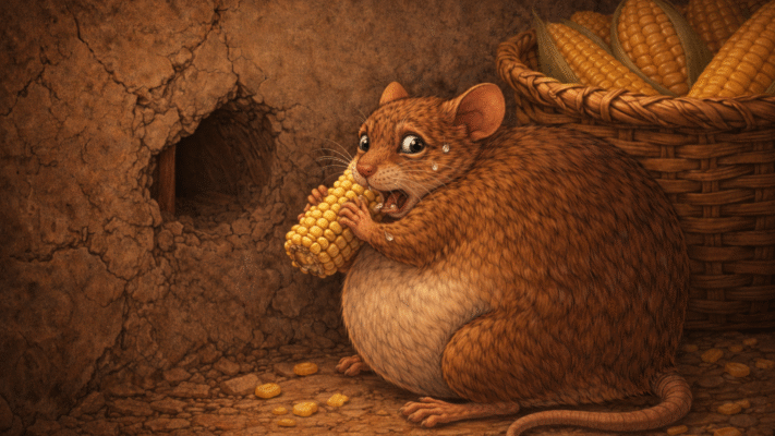 Greedy mouse eating corn again inside the basket after his belly shrinks