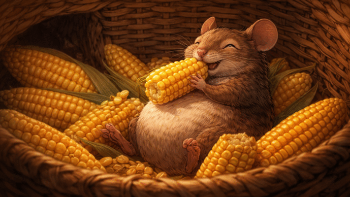 Greedy mouse inside a basket eating corn happily with a full belly