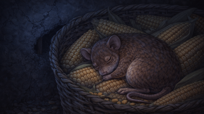 mouse sleeping inside the basket full of corn during the night