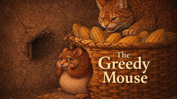 Greedy mouse trapped by corn and cat