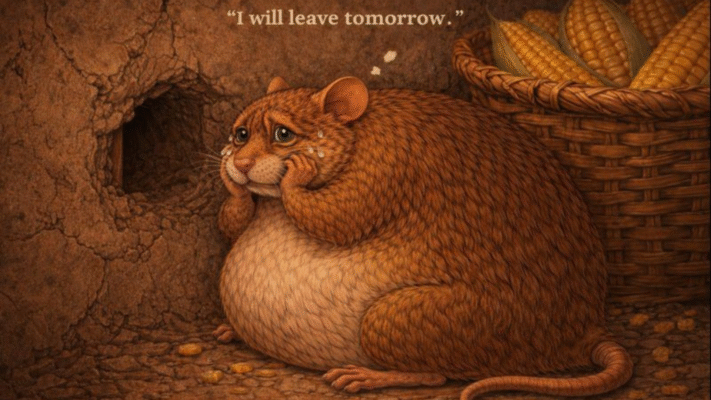 Greedy mouse trapped inside the basket after eating too much corn again