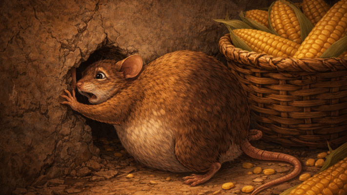 mouse trying to escape through a small hole but stuck because of a full belly