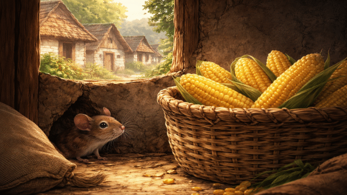 Greedy mouse watching a basket full of corn inside a village storeroom
