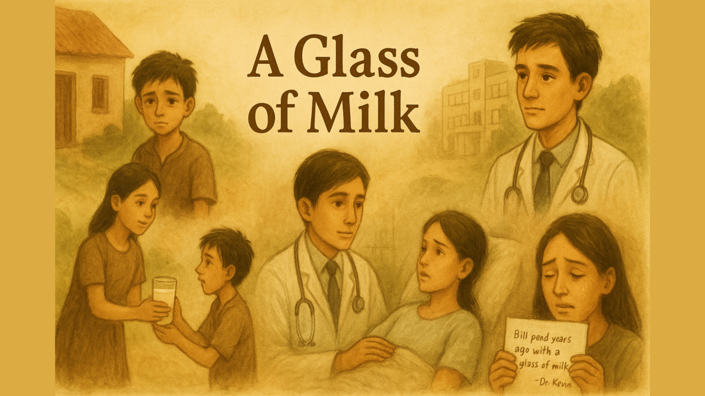 A glass of milk story illustrated in a sepia-toned cover image.