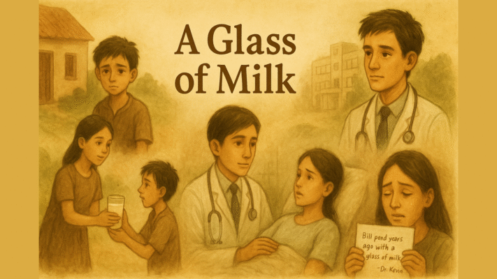 A glass of milk story illustrated in a sepia-toned cover image.
