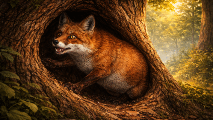hungry fox story out of the tree trunk