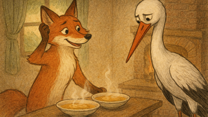 Stork looking sad as the fox serves soup in shallow bowls at his house