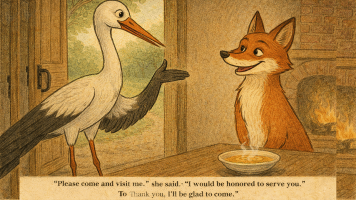Stork politely saying goodbye to the fox after the unfair dinner