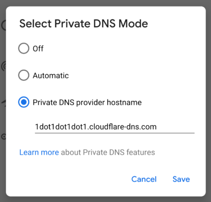Network settings showing Private DNS enabled